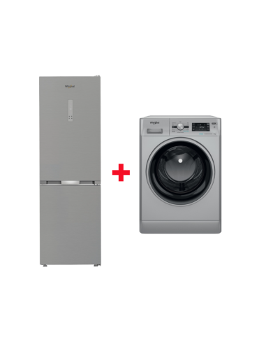 PACK ( REFRIGERATEUR WHIRLPOOL COMBINE 316L A++ INOX+MACHINE A LAVER WHIRLPOOL 8KG 1200TR 6EME SENCE SILVER)